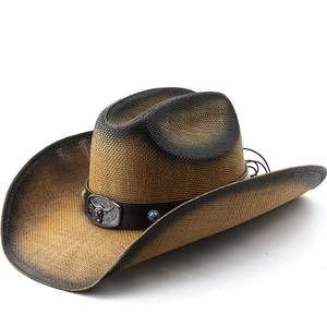 Vintage Two Tone Western Cowboy Straw Hat Bull Head Metal Buckle Leather Band Turquoise Rivets Sun Protection For Men Women