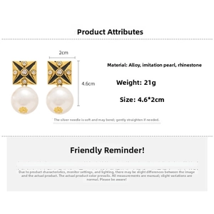 Detailed specs of geometric pearl drop earrings with alloy, rhinestones and silver pins