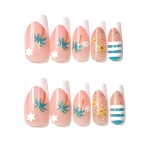 French medium square press-on nails with blue flowers and tropical palm tree summer art