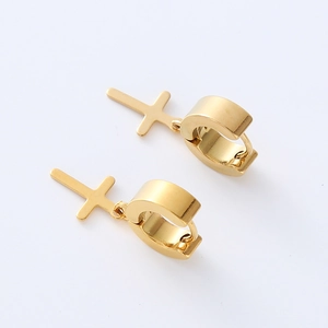 Polished gold stainless steel hoop earrings with hanging Jesus cross charms in punk style