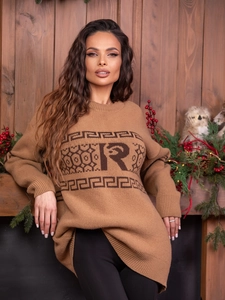Brown oversized crewneck sweater with letter R knit pattern and festive holiday backdrop