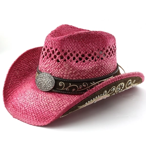Hot pink woven western cowboy hat with decorative embroidered band and silver concho
