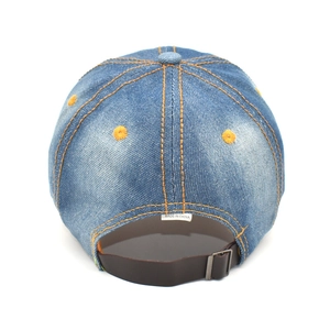Rear view of denim baseball cap with leather strap and yellow contrast stitching