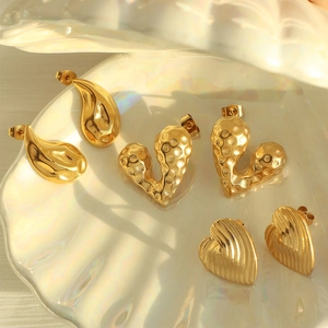 Elegant gold-plated titanium steel earrings set with heart and water drop texture designs