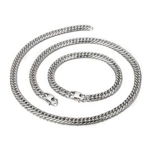 Close-up of polished silver stainless steel Cuban link necklace and bracelet set