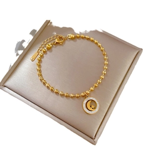 Elegant gold titanium steel beaded bracelet with starry moon pendant and crystal circle