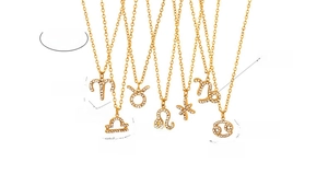 Detailed size chart for gold zodiac necklaces showing crystal dimensions and chain length