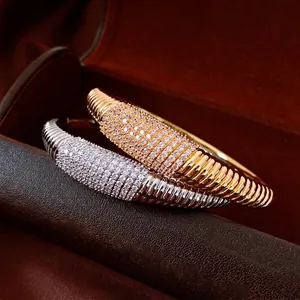 Bracciale Rigido Vintage A Coste In Rame Placcato Oro Vero Con Zirconi Pavé Spirale A Strisce Gioielli Donna