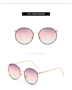 Dual view of round metal sunglasses with purple-pink gradient lenses and gold frames