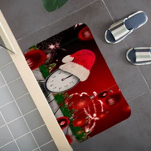 Detailed view of a festive red Christmas mat with clock and ornaments on a tile floor