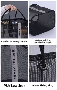 Detailed view of mesh bathroom bag showing sturdy handles, mesh fabric, and PU trim