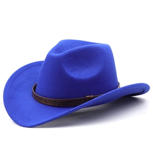 Detail of royal blue felt cowboy hat featuring vintage embossed brown leather hatband