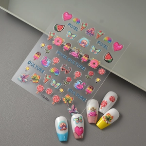 5D embossed nail stickers with pixel art hearts and ice cream patterns on false nails