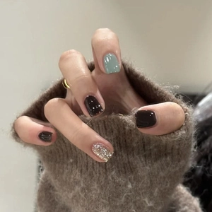 Short Square Press On Nails Glossy Blue Coffee Glitter Nude Fake Nail Tips For Women Elegant Manicure
