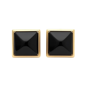 Minimalist square stud earrings featuring black pyramid resin centers and gold metal frames