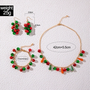 Christmas jewelry set with red and green bells, earrings, necklace and bracelet details