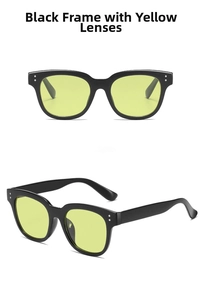Detail of square black frame sunglasses with transparent yellow lenses and silver studs