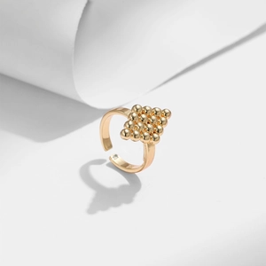 Adjustable gold plated geometric diamond bead ring with minimalist vintage metal design