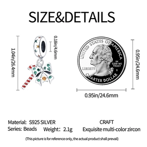 S925 silver Christmas candy cane charm with colorful zircons and size reference