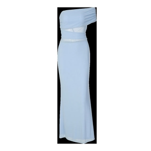 Detail of blue one-shoulder maxi dress featuring waist cutout and mesh panel accents
