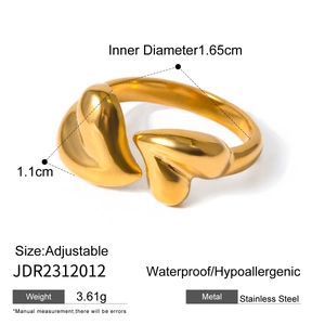 Detail view of golden adjustable stainless steel ring showing 1.65cm inner diameter and dimensions