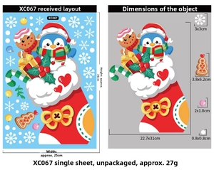 Detailed size chart for Christmas stickers with penguins and snowflakes, 25x35cm sheets