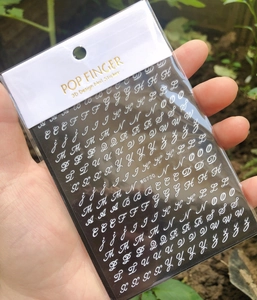 Macro shot of white English alphabet nail stickers in professional WG720 packaging