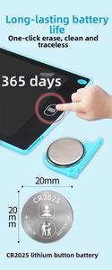 Detail of LCD writing tablet battery compartment and CR2025 button cell battery system