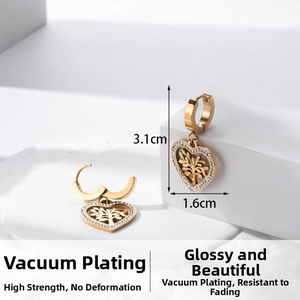 Detailed view of heart-shaped earrings with tree of life motif and sparkling crystals