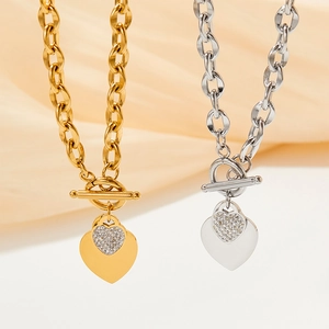 Stainless Steel Heart Necklace Rhinestone Double Heart Toggle Clasp Link Chain Chic Jewelry For Women