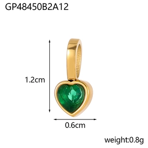 Detailed view of 18K gold plated heart pendant with green zircon and size dimensions