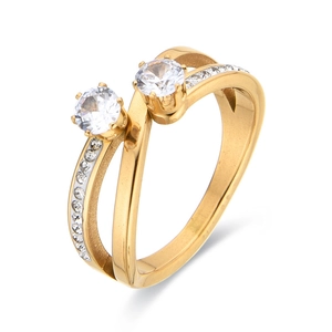 Fashionable double-layer gold titanium steel cross ring with sparkling cubic zirconia stones