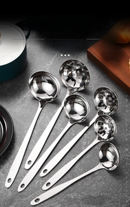 Mirror-polished stainless steel soup ladle and skimmer set with convenient hanging holes
