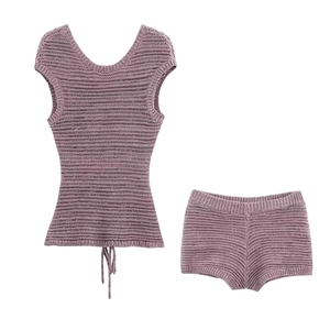 Women Knitted Sleeveless V-Neck Drawstring Top And Matching Shorts Streetwear Casual Summer Solid Color Lounge Outfit