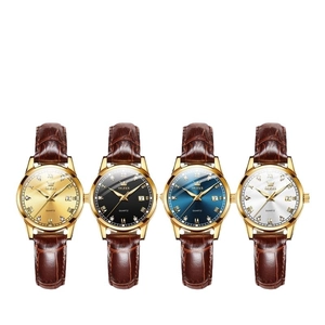 OLEVS women's luminous quartz watches with gold cases and brown leather straps