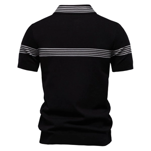 Detailed back view of a men's knitted polo shirt with grey striped patterns on a white background
