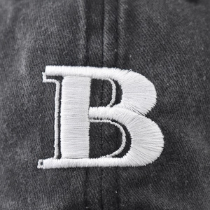 Charcoal grey washed cotton baseball cap featuring 3D white letter B embroidery detail