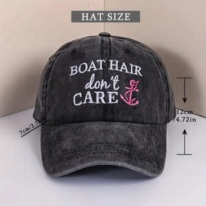 Distressed washed baseball cap featuring BOAT HAIR DON'T CARE embroidery and anchor design