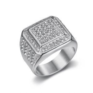 Luxurious square iced out hip hop ring for men in silver finish with pavé set crystals