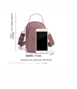 Detailed size guide of the mini nylon bag with dimensions and phone size comparison