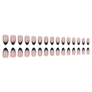 Short round press-on nails with nude pink base and black French tips, 24 piece set