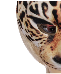Close-up of EVA leopard print animal mask showing detailed fabric texture and eye cutouts