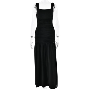Slim fit black maxi dress with square neck and ruched details for a sleek summer look
