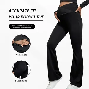 Detail of V-shaped high waist maternity yoga pants with adjustable waistband and butt lift