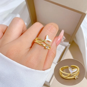 Mermaid Tail Adjustable Open Ring Gold Plated Brass With Cubic Zirconia And White Enamel Ocean Style For Women