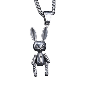 Minimalist silver rabbit pendant necklace with square pearl chain on white background