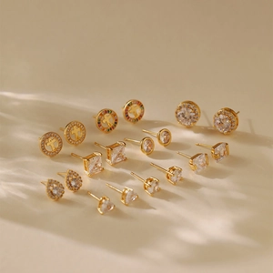 Set of assorted 18K gold plated stud earrings with zircon and cross charms