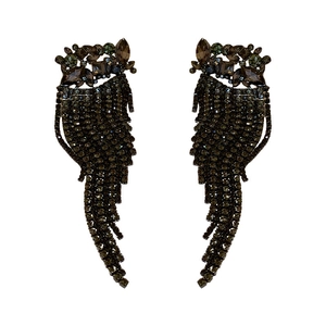 Elegant gunmetal drop earrings with sparkling rhinestones and long tassel fringe