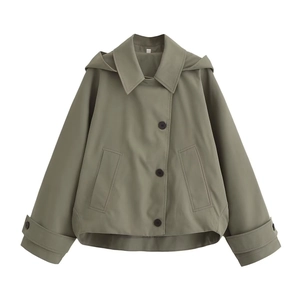 Women olive green hooded windbreaker jacket with stylish single-breasted buttons