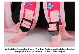 Close-up of adjustable backpack straps with cartoon donuts and gemstone patterns